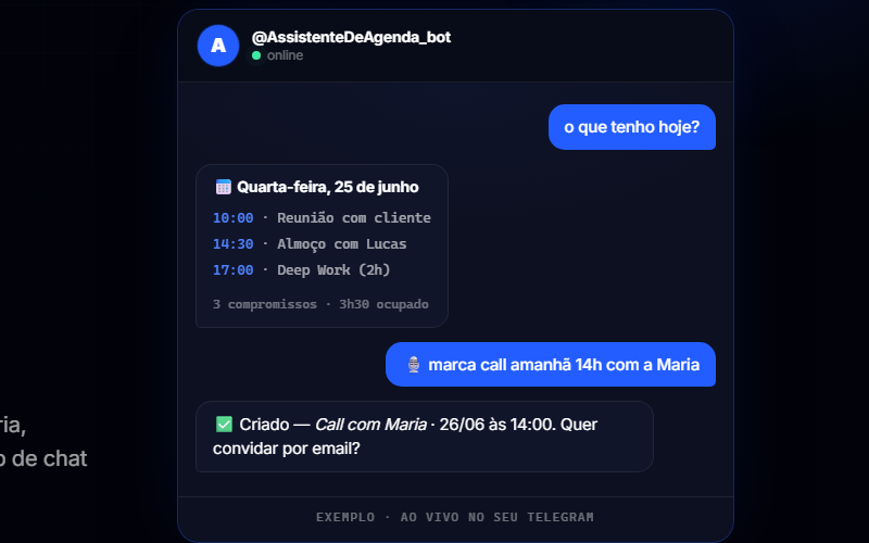 Conversa real com o bot no Telegram: pergunta sobre a agenda do dia e criação de call por comando de voz