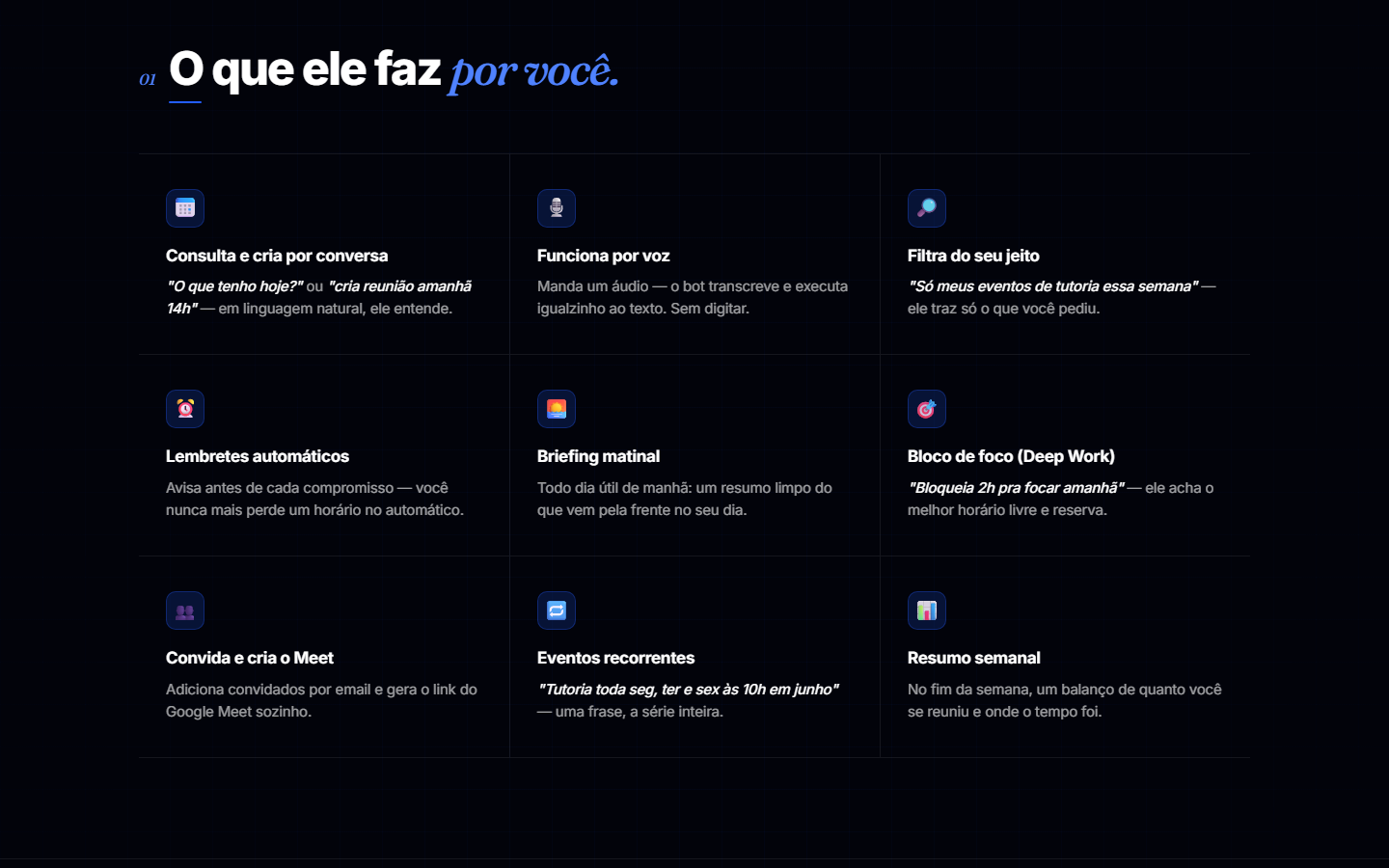 Grade de recursos do Assistente de Agenda: voz, lembretes, briefing matinal, Google Meet