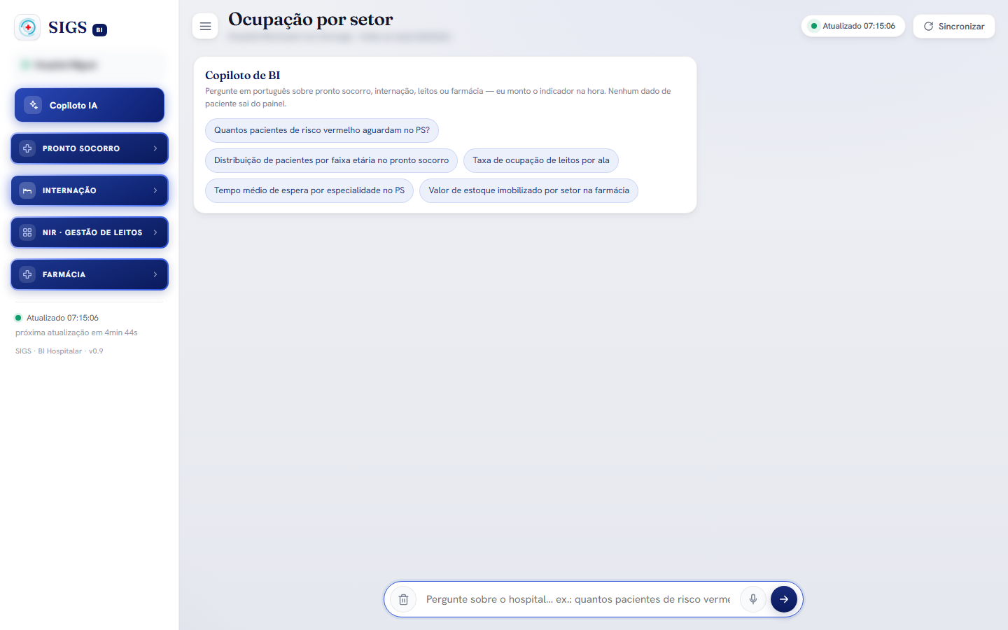Copiloto de IA do BI do SIGS: tela inicial do chat, com sugestões de perguntas e o aviso de que nenhum dado de paciente é enviado à IA
