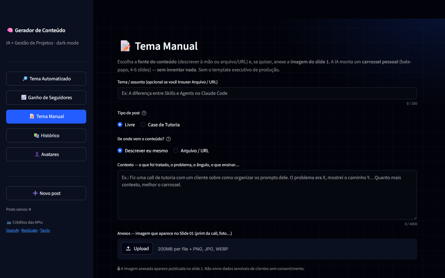 Tela Tema Manual do Gerador de Conteúdo, onde o usuário descreve o assunto e a IA monta o carrossel